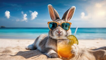 Easter Bunnys Tropical Getaway Basking on a Sunlit Beach with a Vibrant Cocktail at Dusk Vivid Colors, Soft Sand Textures, and Relaxed Mood