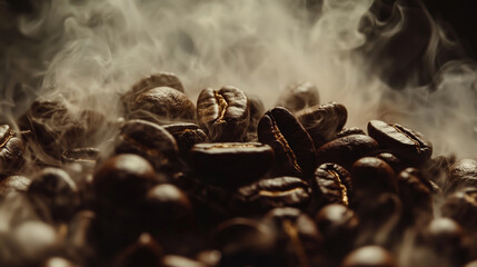 Rich coffee beans release aromatic steam, creating warm and inviting atmosphere. dark, roasted beans are perfect for brewing flavorful cup