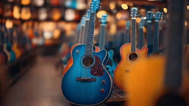 Blue Acoustic Guitar Displayed in Storefront with Blurred Background and Bokeh Lights Musical Instruments on Display