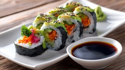 Fresh Sushi Rolls with Avocado and Carrot, Served with Soy Sauce