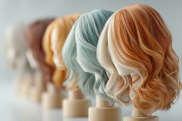 Row of Mannequin Heads with Wavy Wigs: Profile View, Various Hair Colors, Hairdressing Concept, Salon Showcase