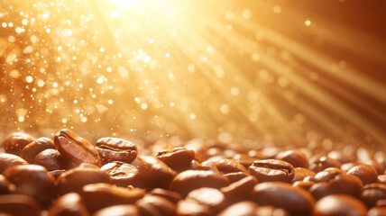 Rich coffee beans glisten under warm sunlight, creating cozy atmosphere filled with golden sparkles