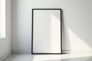 Sleek black frame leans against pristine white wall Minimalist interior design mockup , gallery, digital