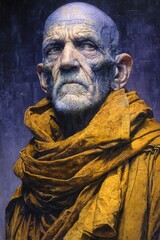 Fototapeta premium Hyperrealistic chiaroscuro oil painting of a ghastly monk with skeletal face and blue veins, standing before a foggy mountain monastery with intense supernatural stare and moody lighting. 