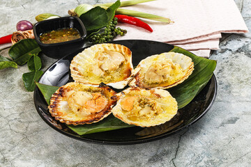 Griiled scallops in shell with cheese