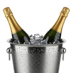 Two champagne bottles in ice bucket isolated on white background
