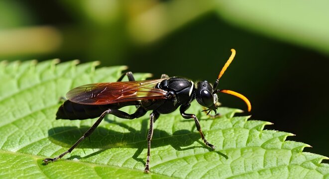 Ichneumon Wasp Close-Up: Detailed Macro of a Siren Wasp on a Green Leaf