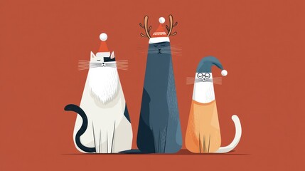 Three cats wearing Christmas hats