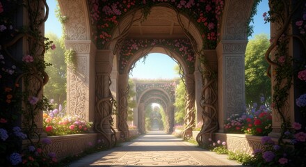 Arched Stone Pathway with Roses and Lush Garden | Serene Walkway for Nature Photography, Architectural Design and Landscape Marketing