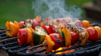 A skewer of vegetables is on a grill