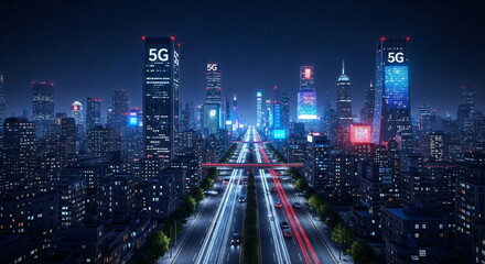 Obraz premium Night cityscape with glowing 5G symbols on skyscrapers and autonomous vehicles on illuminated road. Technology and smart city concept.