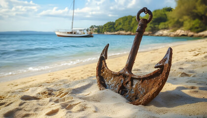 old rusty anchor on a quiet beach
