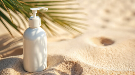 A bottle of lotion is sitting on the sand
