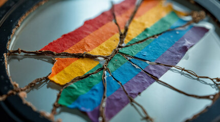A rainbow is on a mirror with a broken piece of tape