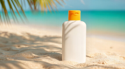 A bottle of sunscreen is sitting on the sand at the beach