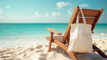 A beach chair with a white bag on it