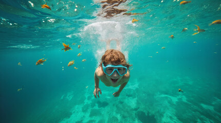 A young boy is swimming in the ocean wearing a blue snorkel
