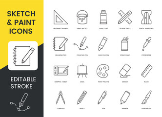 Editable stroke line icons set of sketching and painting tools including pencil, marker, paint tube, palette, stylus and tablet for design projects, education and creative use