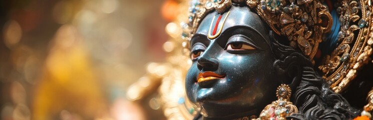 This stunning close-up showcases an ornate Hindu deity sculpture, highlighting intricate details and vibrant colors, perfect for religious and cultural themes.