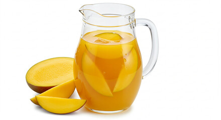 mango juice with mango slice isolated on white background. jug of mango juice.beverage, healthy, citrus, white, orange juice, object, sweet, freshness, breakfast, cold, yellow, liquid, juicy, vitMango
