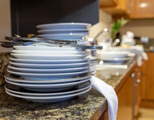 Stacked dishes on kitchen counter
