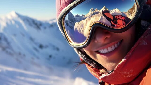 Happy skier with a big smile and snowy mountains reflected in goggles