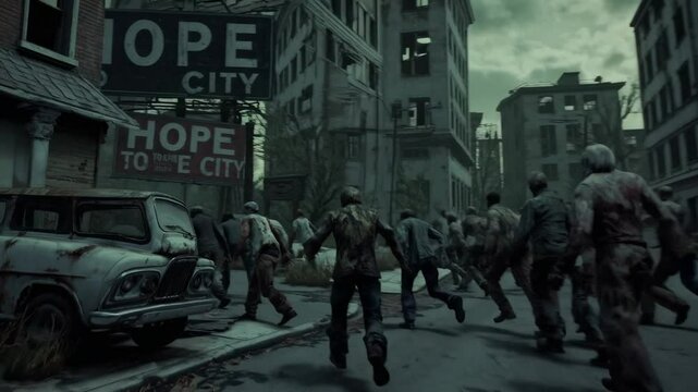 Zombie Horde in Decayed City: A menacing horde of undead zombies swarms through the dilapidated streets of a decaying city, its skyline dominated by a haunting billboard promising false hope.