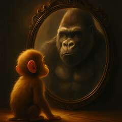 Baby monkey sits in front of ornate mirror, gazing curiously at reflection of giant gorilla, warm lighting, emotional and surreal atmosphere, animal portrait