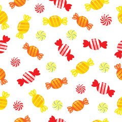 Bright and colorful seamless candy pattern with red, orange, and green striped sweets. Ideal for children's designs, textile prints, wrapping paper, scrapbooking, and festive decorations.