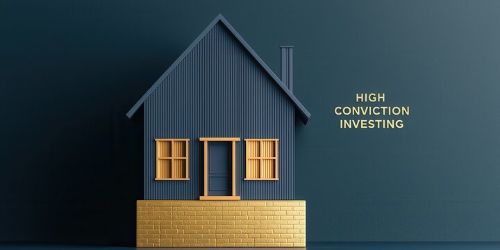 A minimalistic model house with a brick foundation against a dark blue wall featuring the text "HIGH CONVICTION INVESTING.