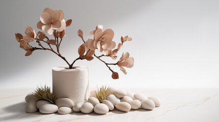 A toilet roll blooming with paper flowers, surrounded by smooth white pebbles and tufts of artificial grass - Generative AI