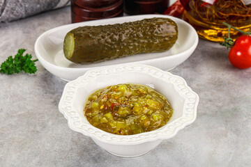Souce gherkin relish with marinated cucumbers