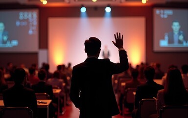 Rear view of Audience in raise hand up response for answer the question in the meeting room or conference hall over asian speaker on the stage,seminar business and education concept. High quality