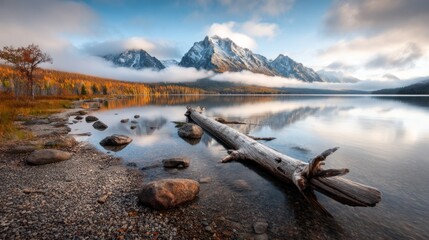 Tranquil lake, autumnal mountains