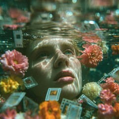 Underwater portrait of a person surrounded by flowers and film strips