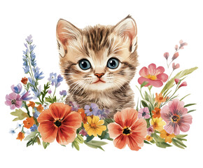 Cute kitten surrounded by watercolor flowers isolated on transparent background