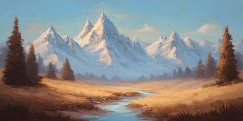 Obraz premium Majestic Mountain Landscape with Meandering River and Wildflowers