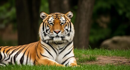 Majestic Bengal Tiger Resting Peacefully in Lush Green Grass