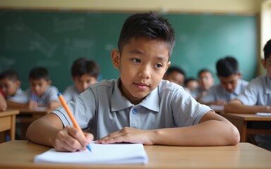 Exam at school with student's taking educational admission test in class, thinking hard, writing answer in university classroom, education and world literacy day concept. High quality