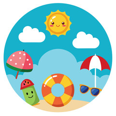 Cartoon Beach Illustration with Sun, Clouds, Umbrella, Life Preserver, and Sunglasses