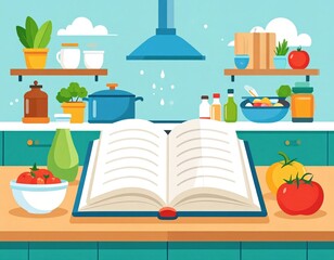 Obraz premium Open Cookbook In Modern Kitchen Illustration