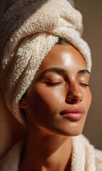 Obraz premium Serene beauty woman with towel on head enjoying sunlight indoor a moment of relaxation and self care