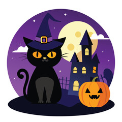 Cartoon Halloween Black Cat, Witch Hat, Spooky House, and Pumpkin Design