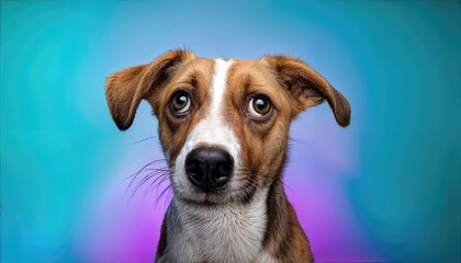 Curious Dog on Colored Background Playful Canine Amidst Vibrant Hues, Expressing Joy and Energy on a Striking Backdrop. if the title exceeds characters, shorten it to fit the limit while
