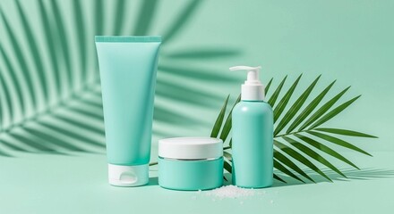 Minimalist display of mint green beauty products, featuring a tube, jar, and pump bottle with a natural leaf shadow.
