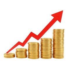 Growing gold coins stacks with red arrow isolated on white background