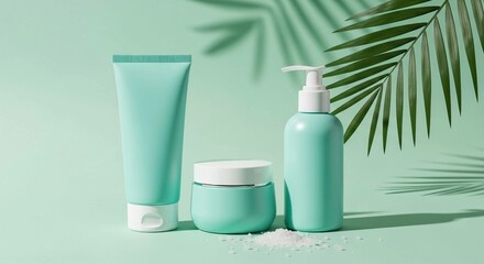 A set of elegant mint green skincare products displayed with a subtle palm leaf shadow and white granules.
