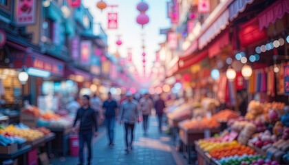 Fototapeta premium Blurred view of a bustling Asian marketplace.