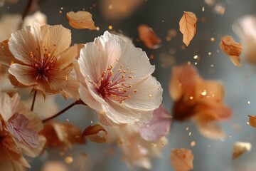 Delicate Peach and White Cherry Blossoms with Falling Brown Petals and Golden Bokeh Lights