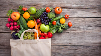 Overflowing reusable bag with fresh colorful produce, celebrating sustainable and healthy living